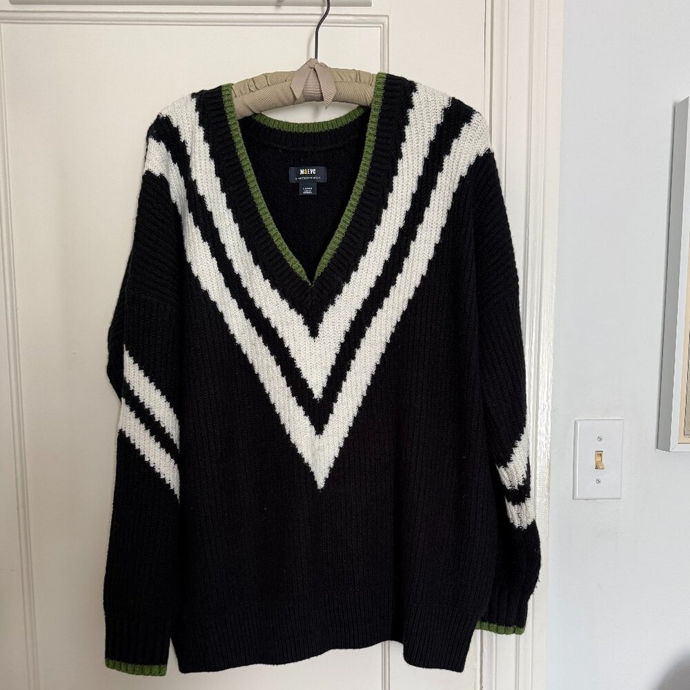 Anthropologie Maeve v neck cricket-inspired sweater in black/white/green in L